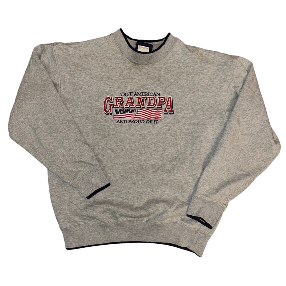 Vintage MC Sport True American Grandpa Sweatshirt Gray Navy Trim Medium